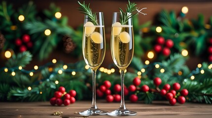 Festive Champagne Glasses with Christmas Greenery 