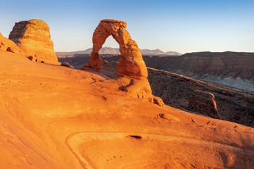 Delicate Arch, Arches National Park, Colorado Plateau, Utah, Grand County, USA, America. The most beautiful arch in the world.
Summer at sunset.