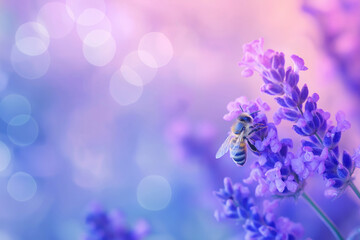 Honey Bee Pollinating Lavender Flowers With Soft Pastel Bokeh Background