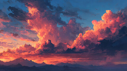 Majestic sunset over mountain range, vibrant clouds painted in hues of orange, pink, and purple, creating a breathtaking natural landscape with dramatic sky