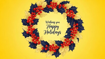 Festive holly wreath with red berries and blue leaves on a bright yellow background wishing happy holidays