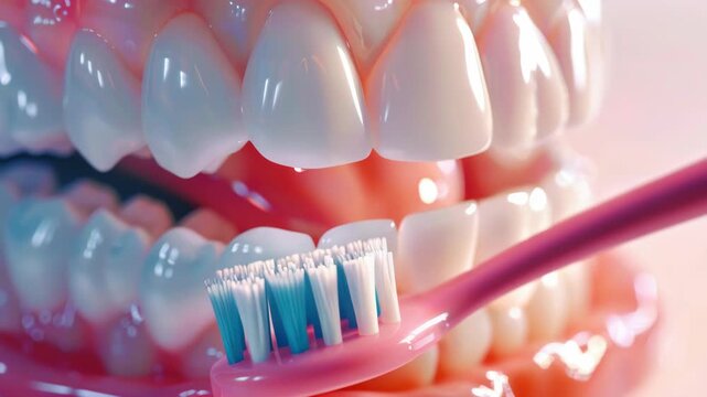High definition of human teeth being brushed by a toothbrush head featuring white bristles.