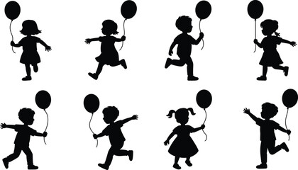 Obraz premium Children playing with balloons silhouettes set happy kids running jumping celebration vector illustration isolated on white background collection