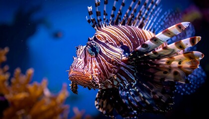 Striking lionfish with crimson and white stripes swimming in vibrant blue water