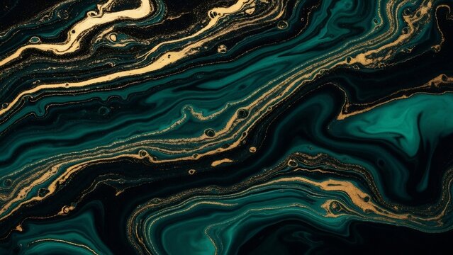 Abstract Fluid Art Background with Swirling Emerald Green and Gold Marble Patterns. - Powered by Adobe