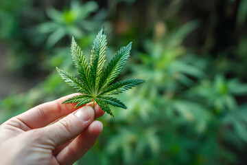 hand holding a cannabis leaf close up