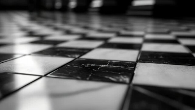 Close-up of a chessboard pattern on tiled flooring with sunlight reflecting off the surface.