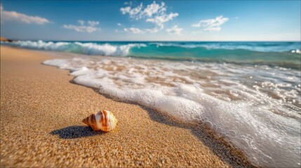 Obraz premium Seashell on Golden Sandy Beach with Turquoise Water and Clear Blue Sky on Sunny Day in Tropical Paradise