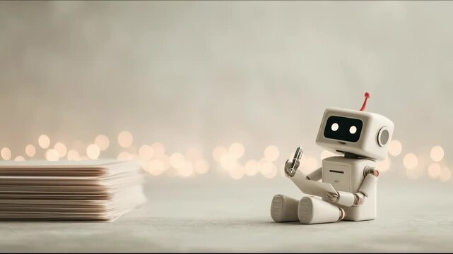 White robot toy writing, thinking, and finally showing phone screen. AI and content creation concept.
