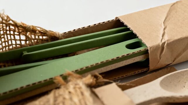 Closeup medium shot of biodegradable packaging materials protecting tools highlighting natural fibers and compostable design for environmentally conscious storage.
