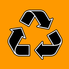 Black recycling symbol outline clean orange background, isolated eco-friendly