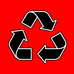 Black recycling symbol outline clean red background, isolated eco-friendly