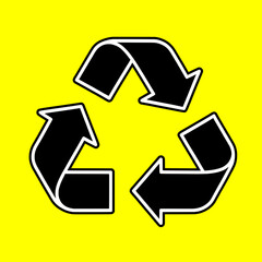 Black recycling symbol outline clean neon yellow background, isolated eco-friendly