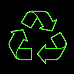 Neon green recycling symbol outline clean black background, isolated eco-friendly