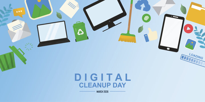 Digital cleanup day devices border. Flat digital cleanup day background with scattered laptops, smartphones, trash bins, folders, emails and cleaning tools framing centered. Vector illustration