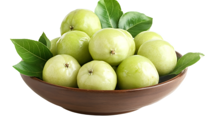 Fresh gooseberries in a wooden bowl with green leaves transparent background