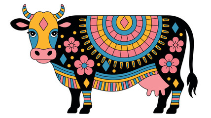 Colorful Cow with Floral Pattern, Decorative Bull, Vibrant Animal Illustration
