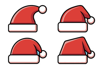 Four Red Santa Hats with White Trim and Pom-Pom Isolated on White Background for Christmas
