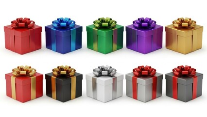 Collection of ten brightly colored gift boxes with bows on a white background, studio shot