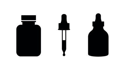 Black Silhouettes of Dropper Bottles and a Jar for Cosmetic or Pharmaceutical Product Packaging