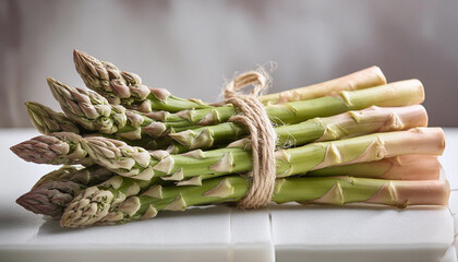 A fresh bundle of asparagus, tied with twine, presented on a plate. Generative AI.