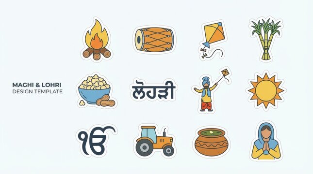 minimal maghi  lohri sikhpunjabi sticker set for themed visual design projects designed for print and digital use isolated on white background