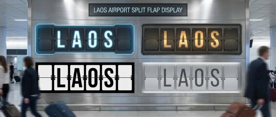 laos airport split flap display title set with the word laos spelled across flipboard tiles includes four different board styles