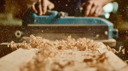 Medium shot showing the electric highspeed planer in action with wood shavings flying underlining speed and clean cuts in a professional carpentry environment