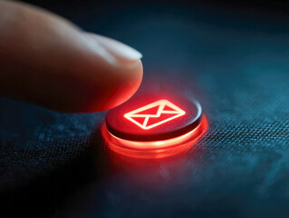 Finger about to press illuminated red button with envelope icon symbolizing sending or receiving digital messages on a dark textured surface