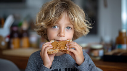 Child Eating Peanut Butter Sandwich, Everyday Snack Time Concept