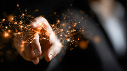 Businessman hand interacting with futuristic digital network with glowing points and connecting lines symbolizing technology and innovation concepts