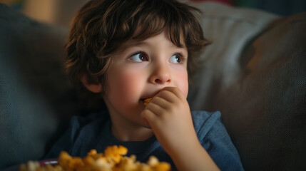 Hispanic Kid Eating Snack at Home, Casual Lifestyle Concept
