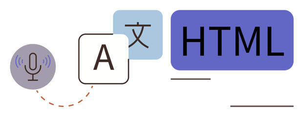 A microphone, language characters, and HTML text symbols suggest cross-language translation, voice recognition, and coding. Ideal for AI, technology, coding, global communication linguistics voice