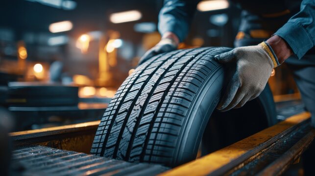 Medium shot of a technician carefully applying cold retread material on a tire tread in a controlled workshop environment.