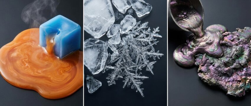phase transitions captured in vivid detail under studio lighting highlighting texture shifts and color changes for scientific and artistic explorations of material transformation processes