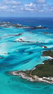 Exuma Skyline At Exuma In Black Point Bahamas. Caribbean Skyline. Beach Landscape. Shades Of Blue Watercolor. Exuma Skyline In Exuma In Black Point Bahamas. Nature Background.