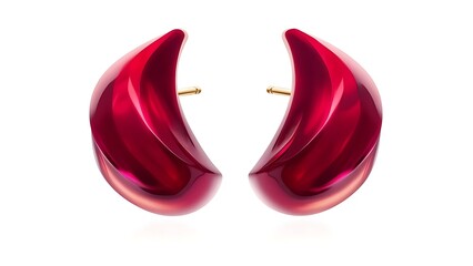 Two ruby-red, abstract earrings with a glossy, organic shape and gold posts, against a white backdrop