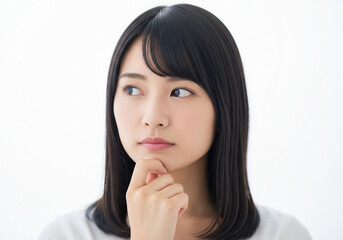 Thoughtful young Asian woman looking sideways with hand on chin, thinking or planning, isolated on white background