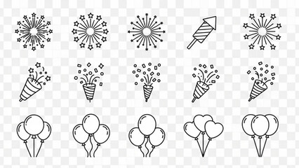 A collection of festive icons featuring fireworks, party poppers, and balloons on a transparent background for celebrations and parties