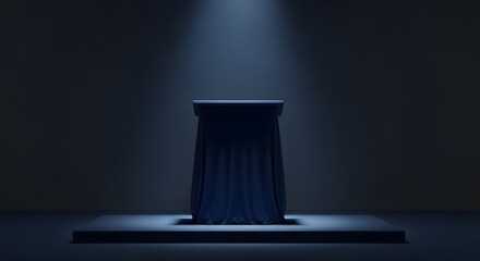 a dramatic spotlight illuminates a covered podium on a stage creating a sense of anticipation and mystery in the darkness