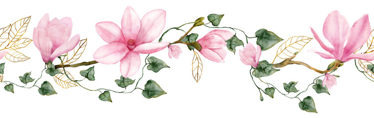 Watercolor seamless floral border pink magnolia blossoms, climbing greenery, gold line art accents © Aurella Art