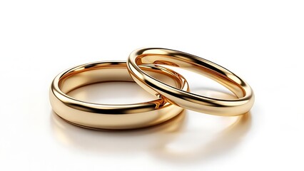 Two shiny, golden bands interlocked slightly, casting soft reflections on a white surface. Close-up shot with shallow depth of field