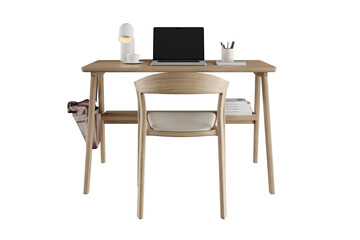 Minimalist Wooden Work Desk with Chair Isolated on Transparent Background, Home Office Furniture PNG