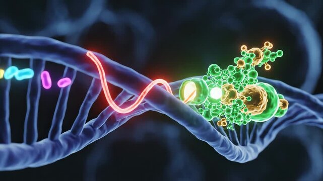 Ribosomes binding to the mRNA strand in the cytoplasm. As the ribosome travels along the sequence, amino acids join into a glowing polypeptide chain