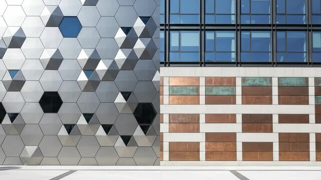 Contrasting modern building facades featuring geometric hexagonal metal panels and glass grid windows.