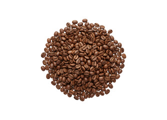 A close-up shot of a bunch of organic whole roasted coffee beans set against a white background, seen from above.

