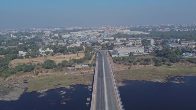 Diu, Gujarat, INDIA- 29th January 2025. Aerial view showing  Dr Shamji Bridge which is the lifeline of the island of Diu. This bridge connects state of Gujarat to Union Territory of Diu Daman.