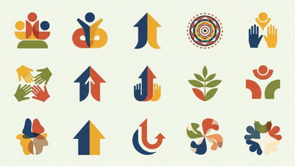 Collection of 16 vibrant business and community symbols featuring arrows, people, hands, and plants in blue, orange, green, and yellow on cream background