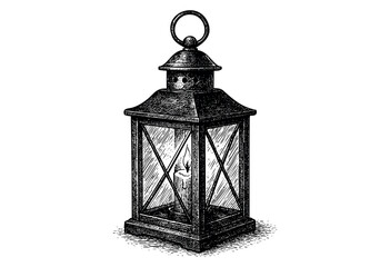 Fototapeta premium An antique black lantern with a lit candle inside, rendered in a detailed engraving style on a white background, evoking a sense of history and warmth.