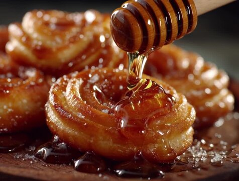 dripping honey on golden crullers